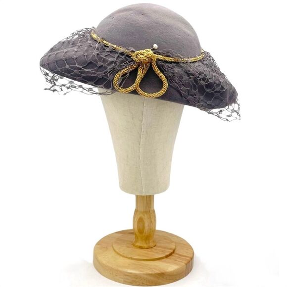 Vintage 1940s New York Creation Mushroom Veil Hat Gray Felted Wool Gold Trim - Picture 4 of 16